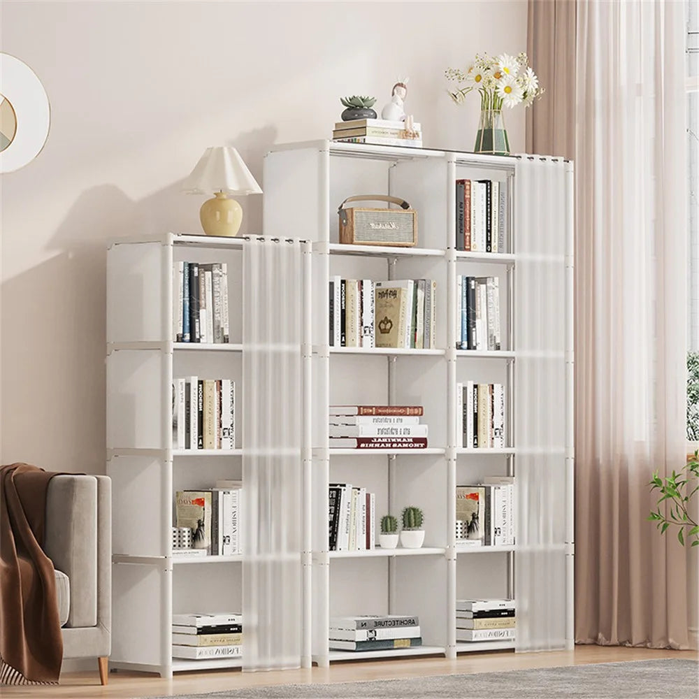 6 Layers Double Row Storage Rack for Kids Room Living Room Dust Proof Bookshelf with Curtain - White - 7