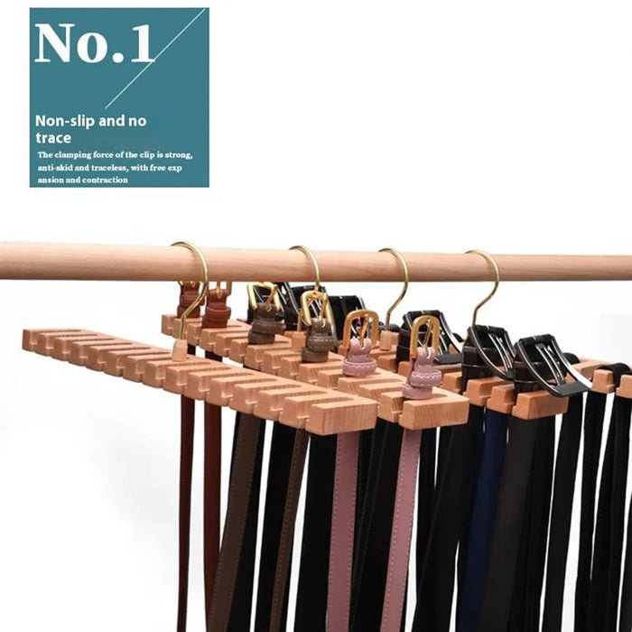 Beechwood Belt Tie Organizer 14 Slots Space Saving Wardrobe Waist Belt Hanger - Wood Color - 6