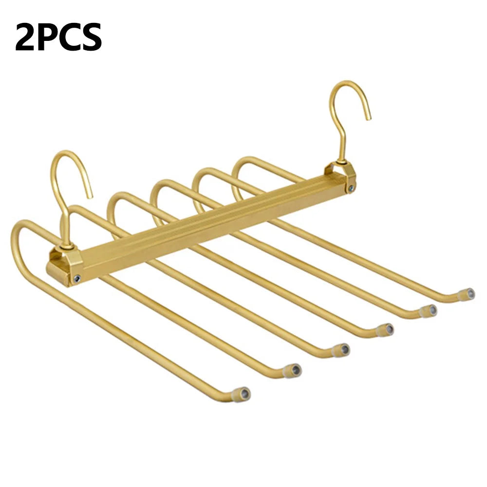 2Pcs Foldable Aluminum Alloy Pants Hanger 6 Layer Space Saving Wardrobe Trouser Organizer - Gold - 1