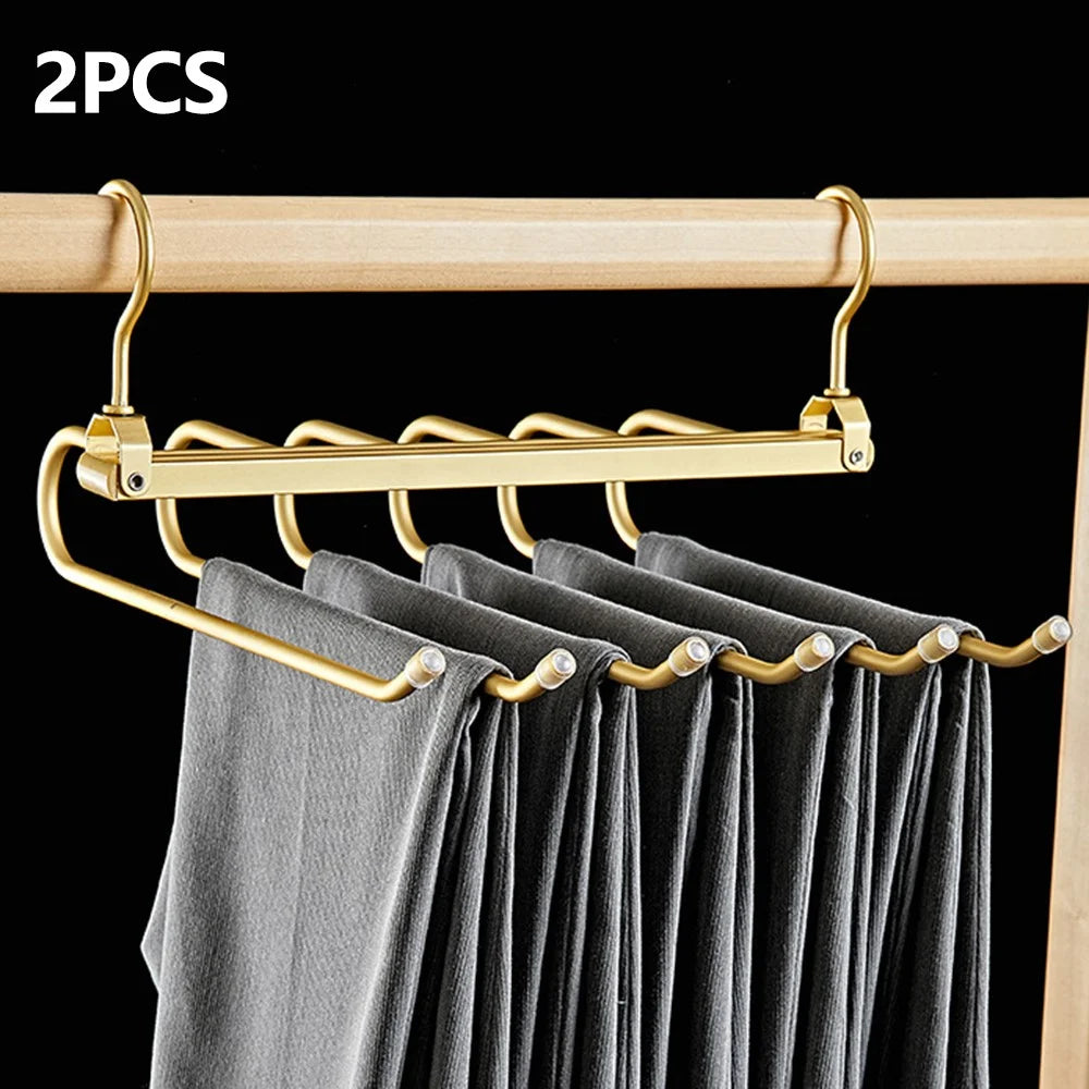 2Pcs Foldable Aluminum Alloy Pants Hanger 6 Layer Space Saving Wardrobe Trouser Organizer - Gold - 2
