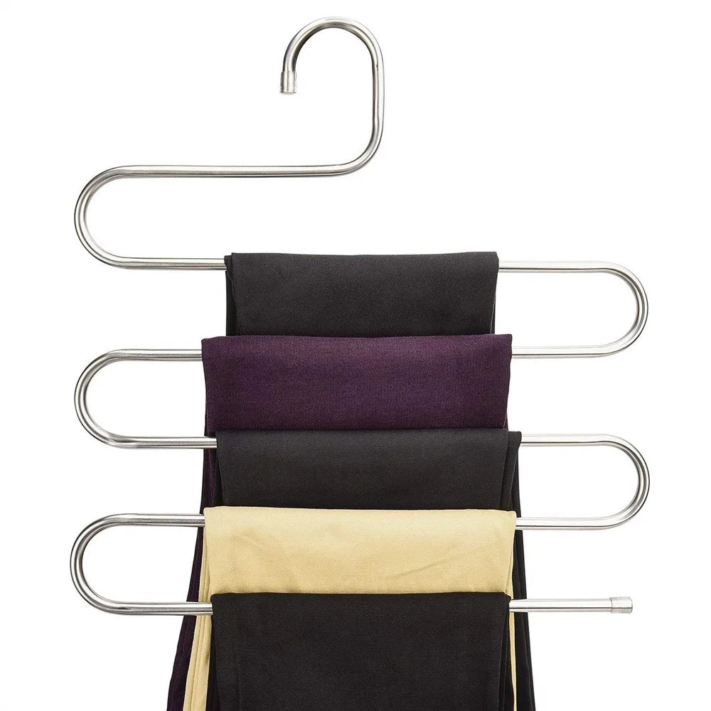 S Shape 5 Layer Pants Hanger Stainless Steel Space Saving Trousers Jeans Ties Wardrobe Organizer - 1