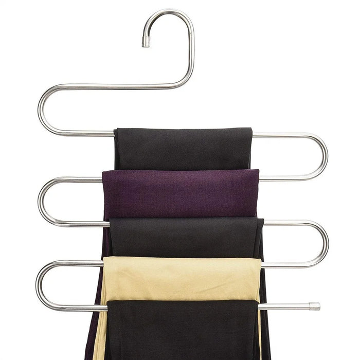 S Shape 5 Layer Pants Hanger Stainless Steel Space Saving Trousers Jeans Ties Wardrobe Organizer - 1