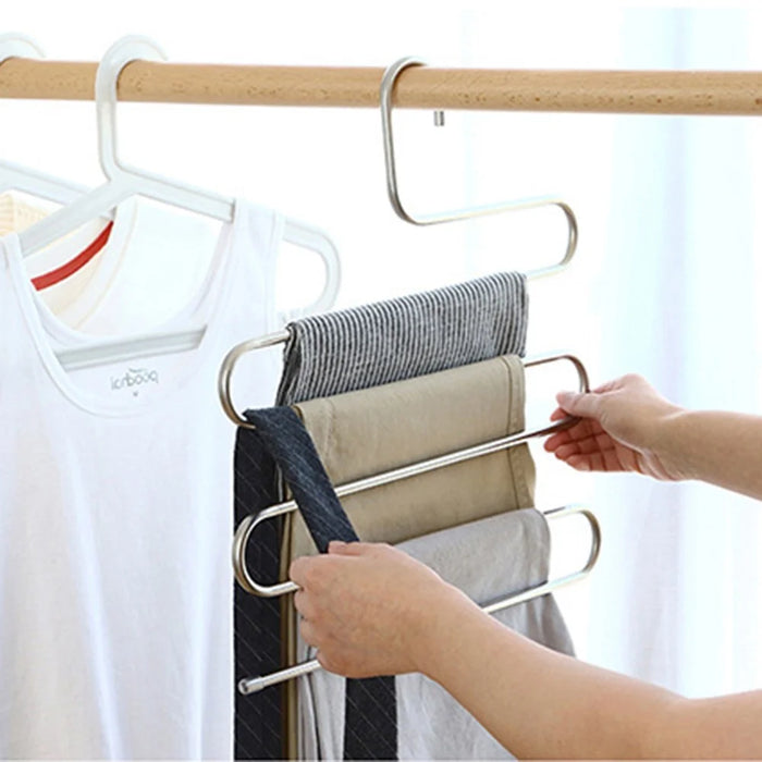 S Shape 5 Layer Pants Hanger Stainless Steel Space Saving Trousers Jeans Ties Wardrobe Organizer - 2