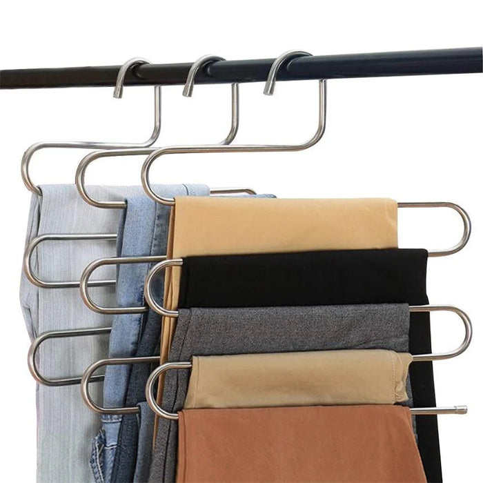 S Shape 5 Layer Pants Hanger Stainless Steel Space Saving Trousers Jeans Ties Wardrobe Organizer - 3