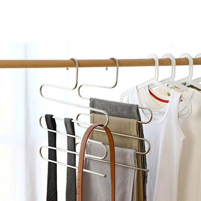 S Shape 5 Layer Pants Hanger Stainless Steel Space Saving Trousers Jeans Ties Wardrobe Organizer - 6