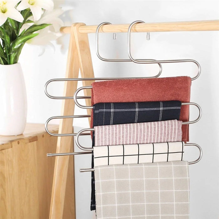 S Shape 5 Layer Pants Hanger Stainless Steel Space Saving Trousers Jeans Ties Wardrobe Organizer - 7
