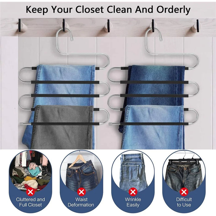 5 Layer S Shaped Pants Hanger Stainless Steel Non-Slip Multifunction Trousers Ties Wardrobe Organizer - 3