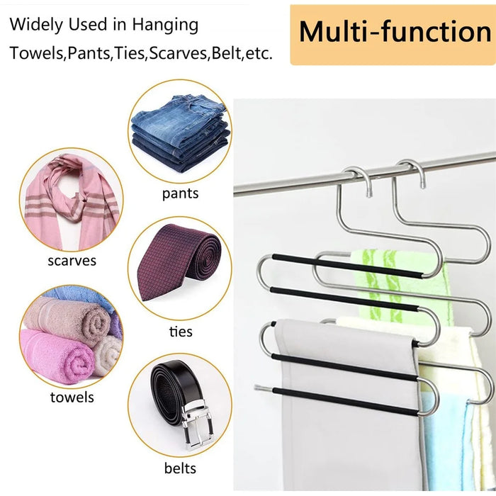 5 Layer S Shaped Pants Hanger Stainless Steel Non-Slip Multifunction Trousers Ties Wardrobe Organizer - 4
