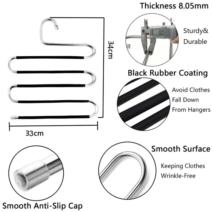 5 Layer S Shaped Pants Hanger Stainless Steel Non-Slip Multifunction Trousers Ties Wardrobe Organizer - 6