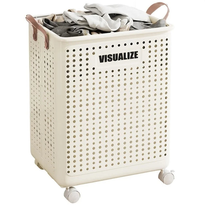VISUALIZE Hollow Design Foldable Laundry Basket Dirty Clothes Storage Cart with Handles and Wheels Size XL - Cream White - 1