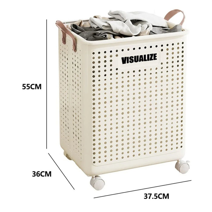 VISUALIZE Hollow Design Foldable Laundry Basket Dirty Clothes Storage Cart with Handles and Wheels Size XL - Cream White - 7