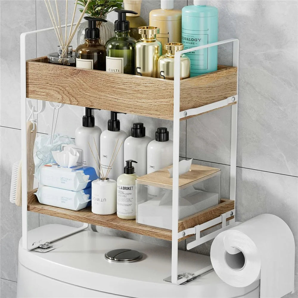 Multipurpose Over Toilet Storage Rack 2 Tiers Bathroom Organizer Shelf with Hooks - White - 1