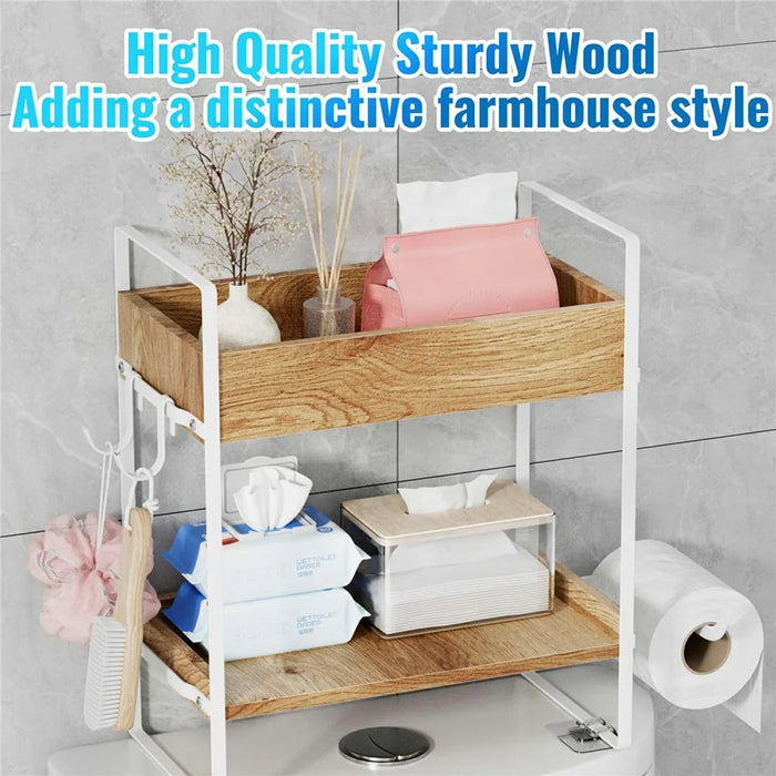 Multipurpose Over Toilet Storage Rack 2 Tiers Bathroom Organizer Shelf with Hooks - White - 2