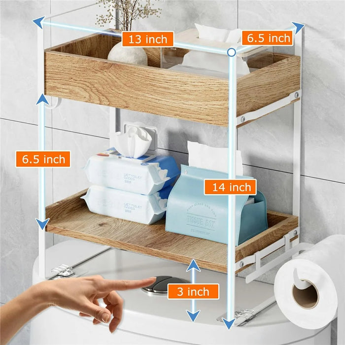 Multipurpose Over Toilet Storage Rack 2 Tiers Bathroom Organizer Shelf with Hooks - White - 4