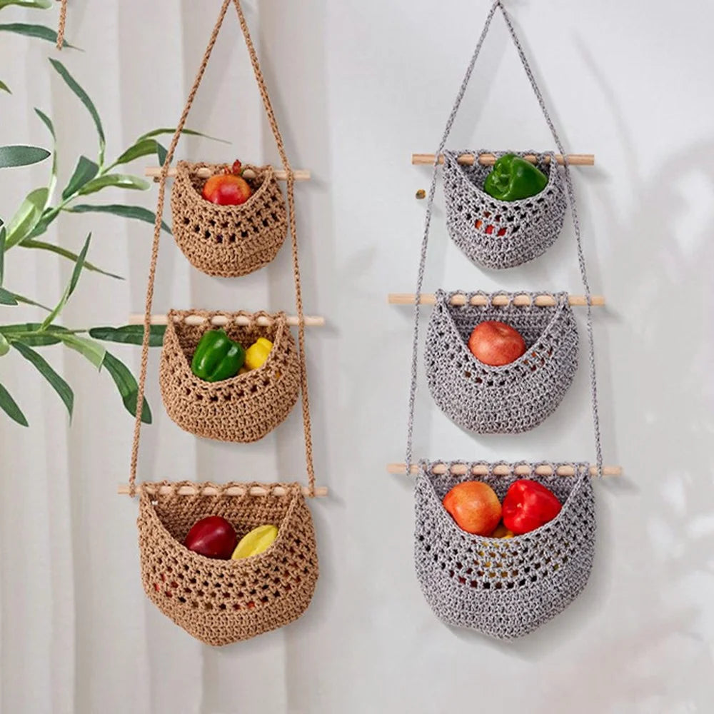 Bohemian 3 Tier Cotton Linen Storage Baskets Wall Hanging Sundries Organizer - 001 - 2
