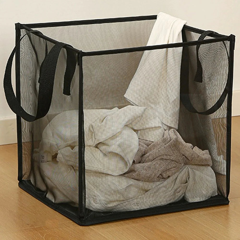 Single Layer Portable Square Mesh Laundry Basket with Handles Foldable Clothes Hamper - Black - 1