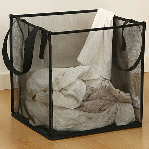 Single Layer Portable Square Mesh Laundry Basket with Handles Foldable Clothes Hamper - Black - 1