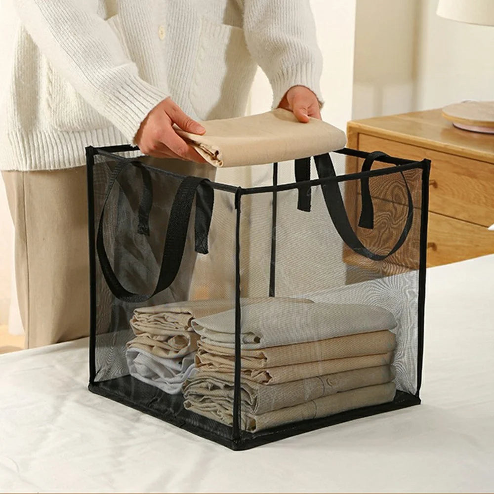 Single Layer Portable Square Mesh Laundry Basket with Handles Foldable Clothes Hamper - Black - 2