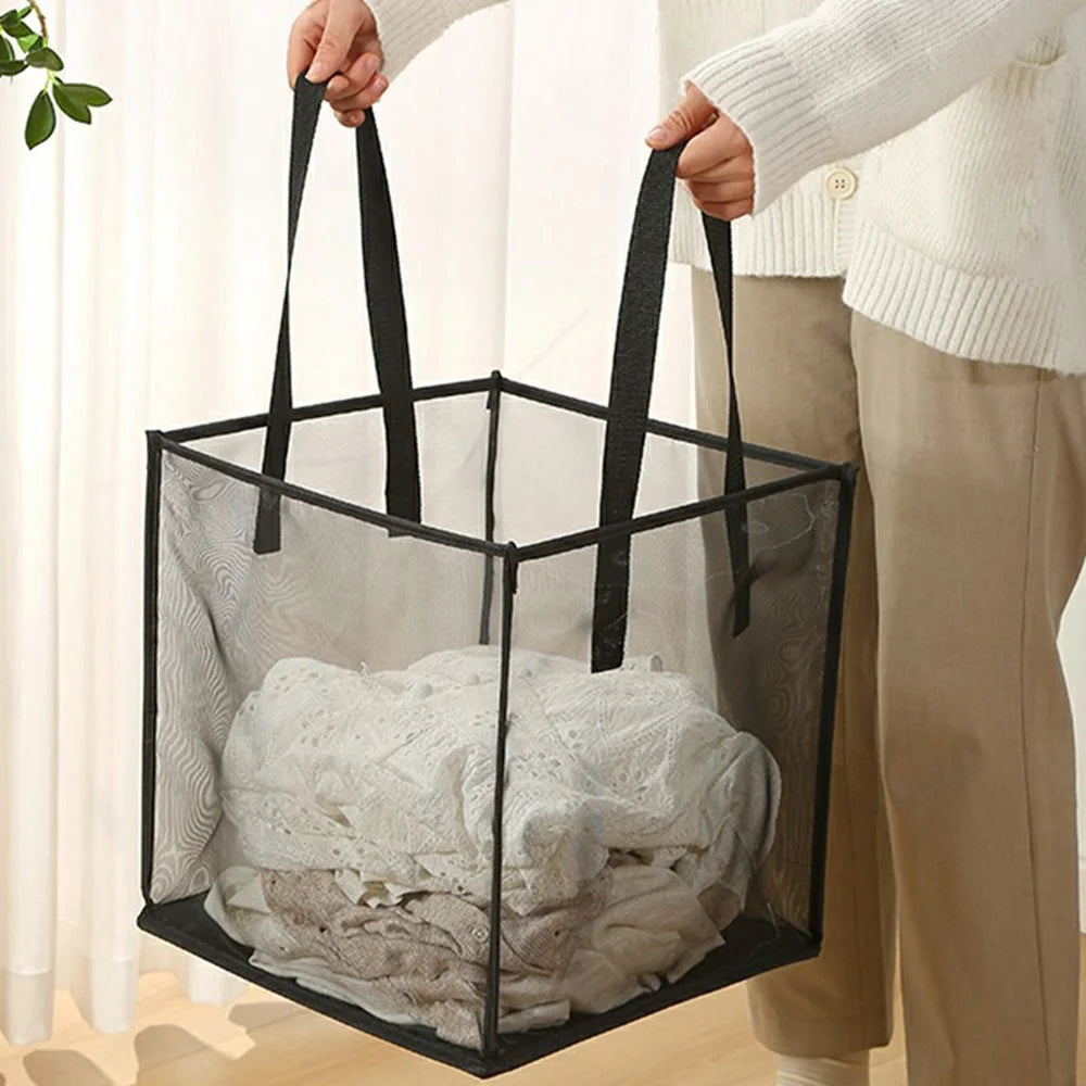 Single Layer Portable Square Mesh Laundry Basket with Handles Foldable Clothes Hamper - Black - 3