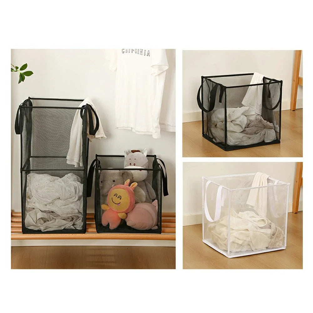 Single Layer Portable Square Mesh Laundry Basket with Handles Foldable Clothes Hamper - Black - 6