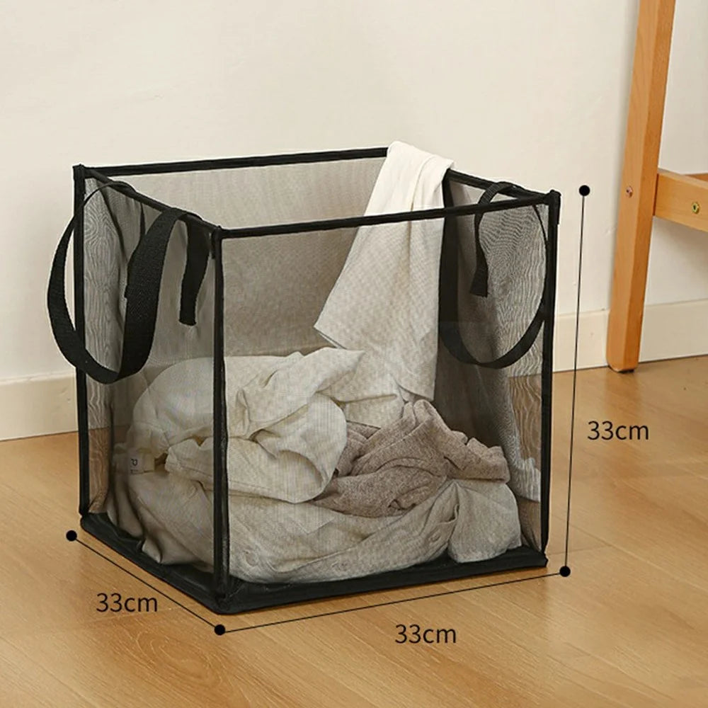 Single Layer Portable Square Mesh Laundry Basket with Handles Foldable Clothes Hamper - Black - 7