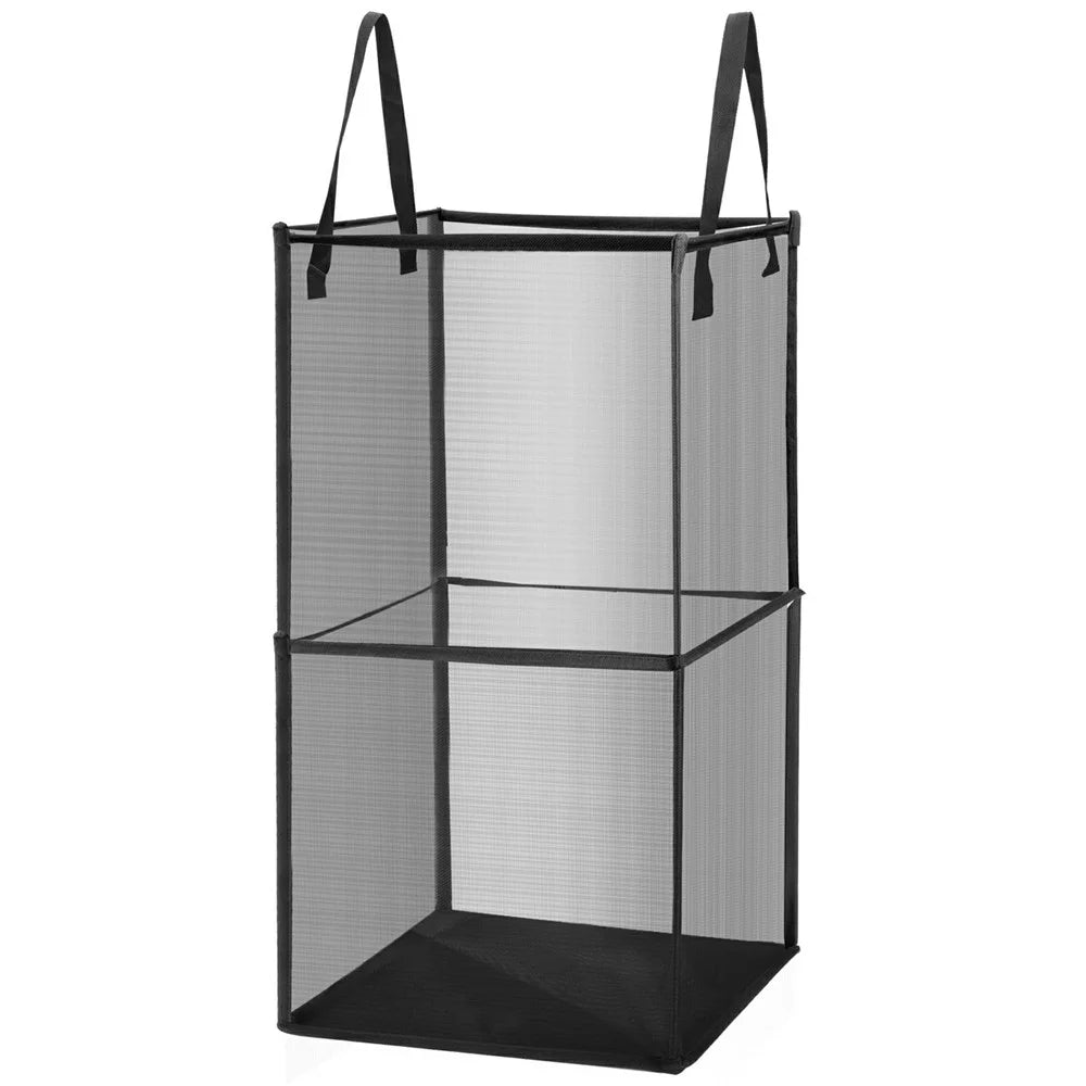 Double Layer Portable Square Mesh Laundry Basket with Handles Foldable Clothes Hamper - Black - 1