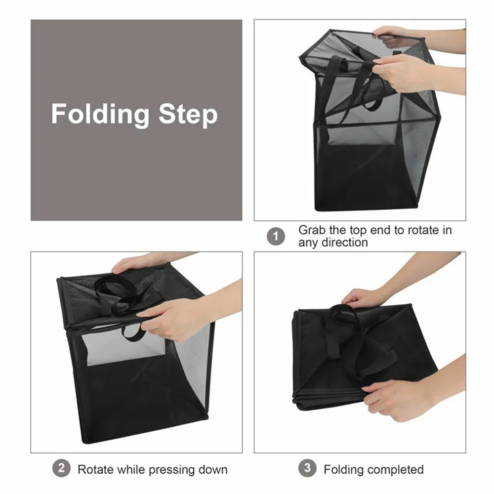 Double Layer Portable Square Mesh Laundry Basket with Handles Foldable Clothes Hamper - Black - 2