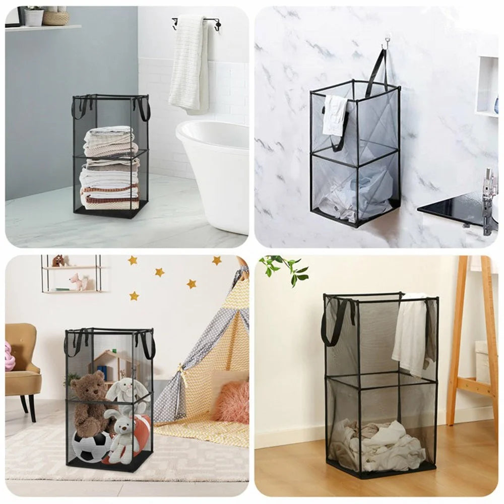 Double Layer Portable Square Mesh Laundry Basket with Handles Foldable Clothes Hamper - Black - 3