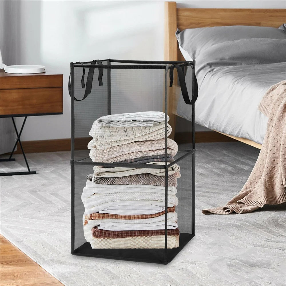 Double Layer Portable Square Mesh Laundry Basket with Handles Foldable Clothes Hamper - Black - 4