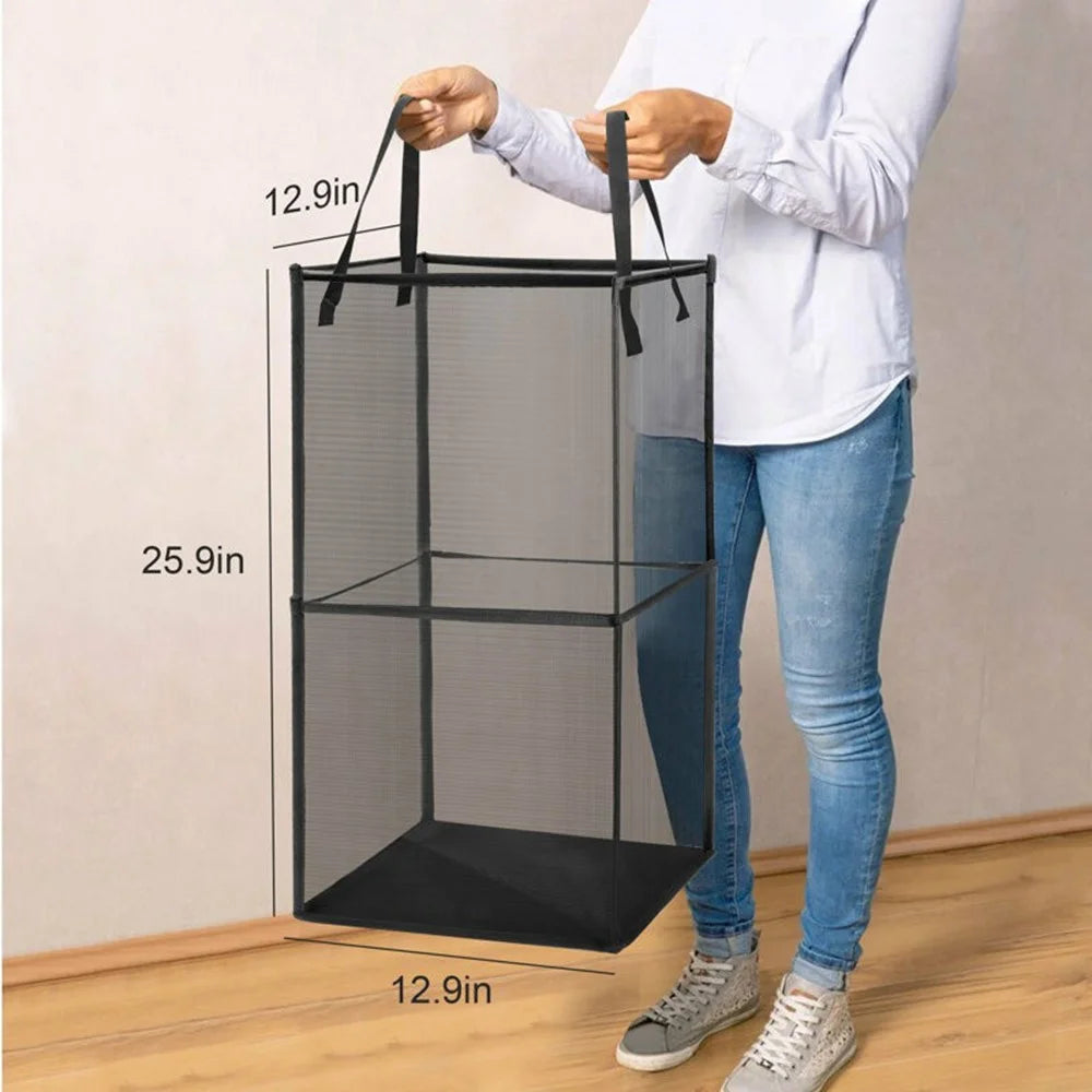 Double Layer Portable Square Mesh Laundry Basket with Handles Foldable Clothes Hamper - Black - 5