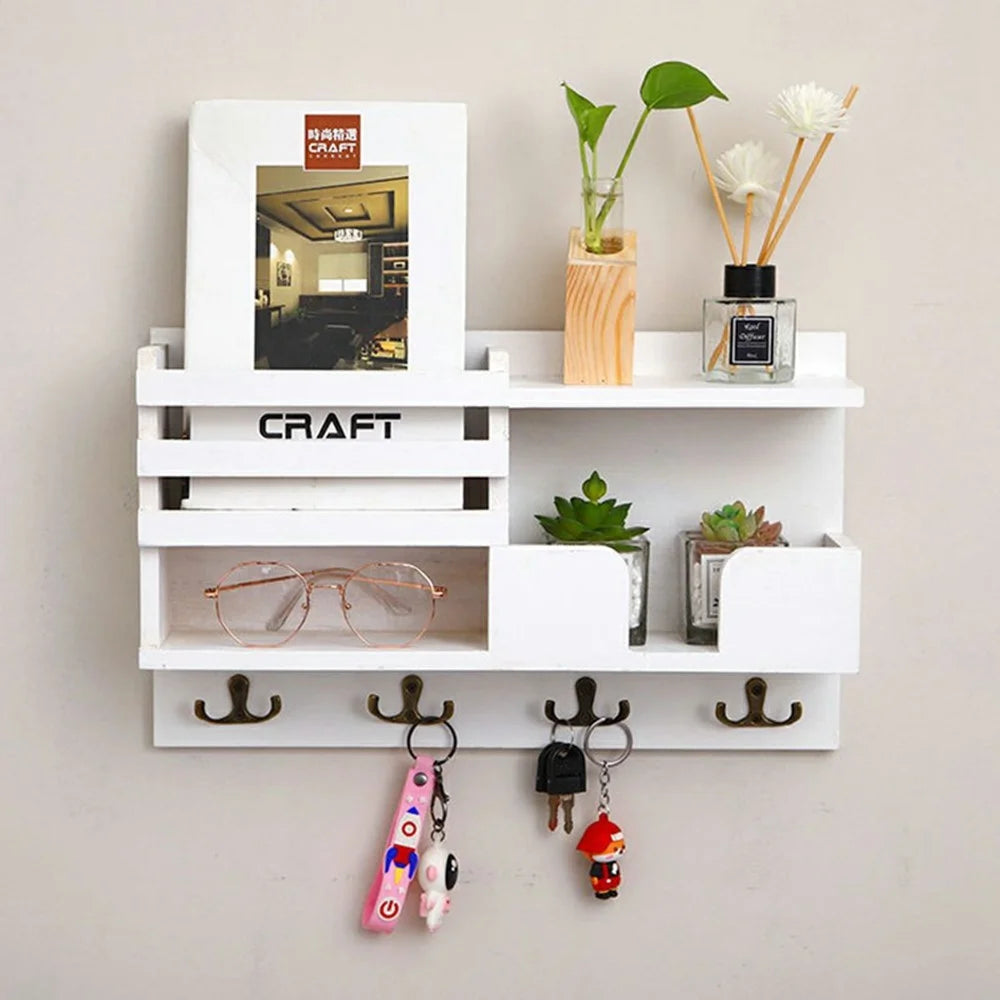 Wooden Wall Mounted Key Holder Storage Shelf Vintage Entryway Organizer Rack - White - 1