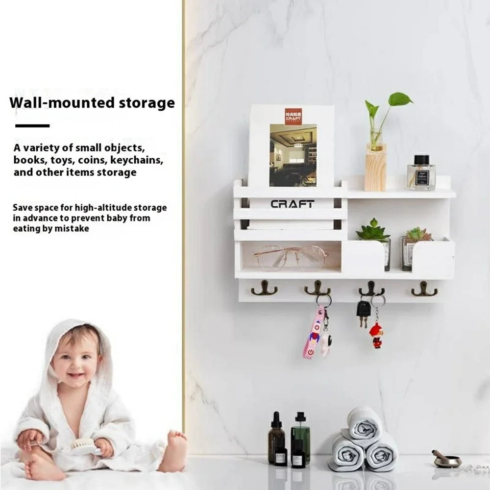 Wooden Wall Mounted Key Holder Storage Shelf Vintage Entryway Organizer Rack - White - 2