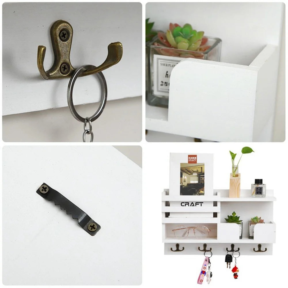 Wooden Wall Mounted Key Holder Storage Shelf Vintage Entryway Organizer Rack - White - 3
