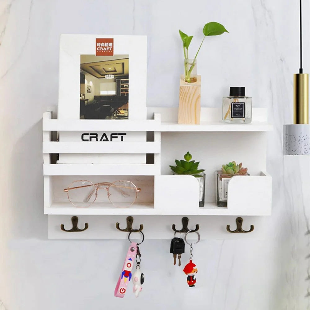 Wooden Wall Mounted Key Holder Storage Shelf Vintage Entryway Organizer Rack - White - 4