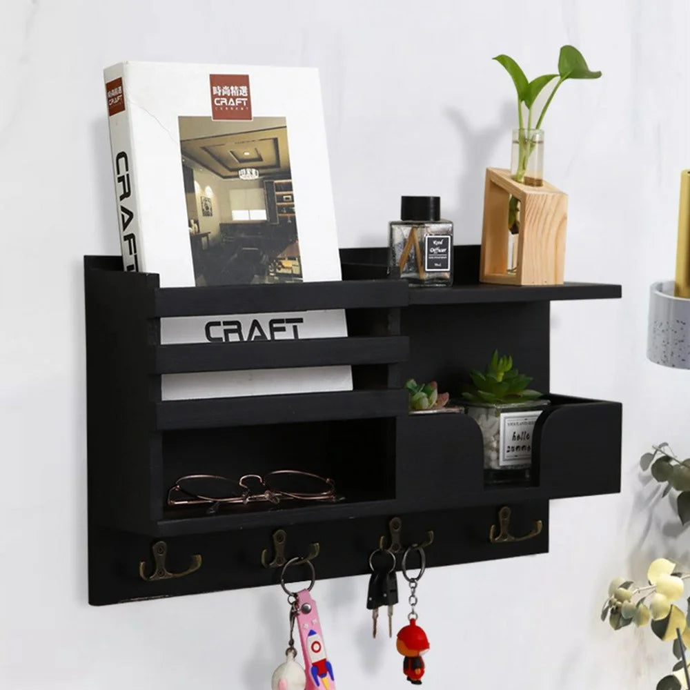Wooden Wall Mounted Key Holder Storage Shelf Vintage Entryway Organizer Rack - White - 5