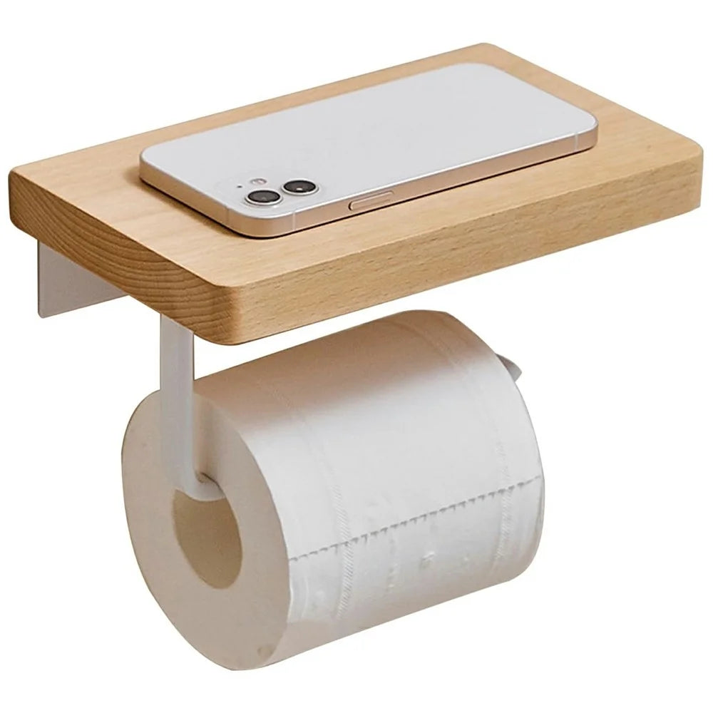 Wooden Toilet Paper Holder with Phone Shelf Wall Mounted Bathroom Tissue Roll Dispenser Drill-Free Storage Rack - Light Brown - 1