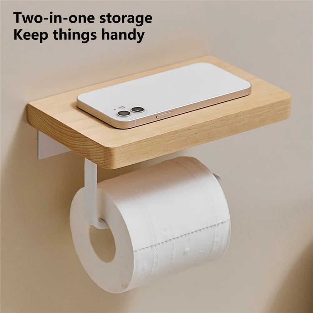 Wooden Toilet Paper Holder with Phone Shelf Wall Mounted Bathroom Tissue Roll Dispenser Drill-Free Storage Rack - Light Brown - 2