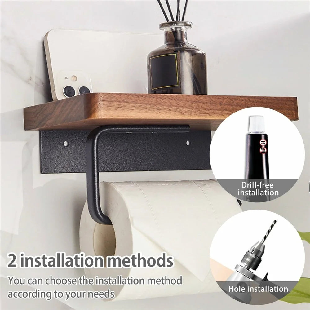 Wooden Toilet Paper Holder with Phone Shelf Wall Mounted Bathroom Tissue Roll Dispenser Drill-Free Storage Rack - Light Brown - 3