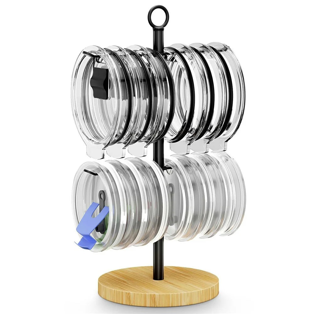 Countertop Cup Lid Organizer Rack Key Holder Stand Iron + Bamboo Water Glass Cover Storage Holder - 1