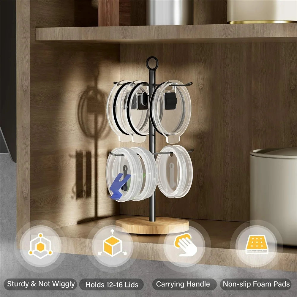 Countertop Cup Lid Organizer Rack Key Holder Stand Iron + Bamboo Water Glass Cover Storage Holder - 2