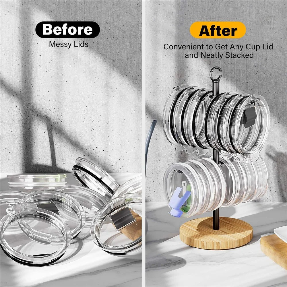 Countertop Cup Lid Organizer Rack Key Holder Stand Iron + Bamboo Water Glass Cover Storage Holder - 3