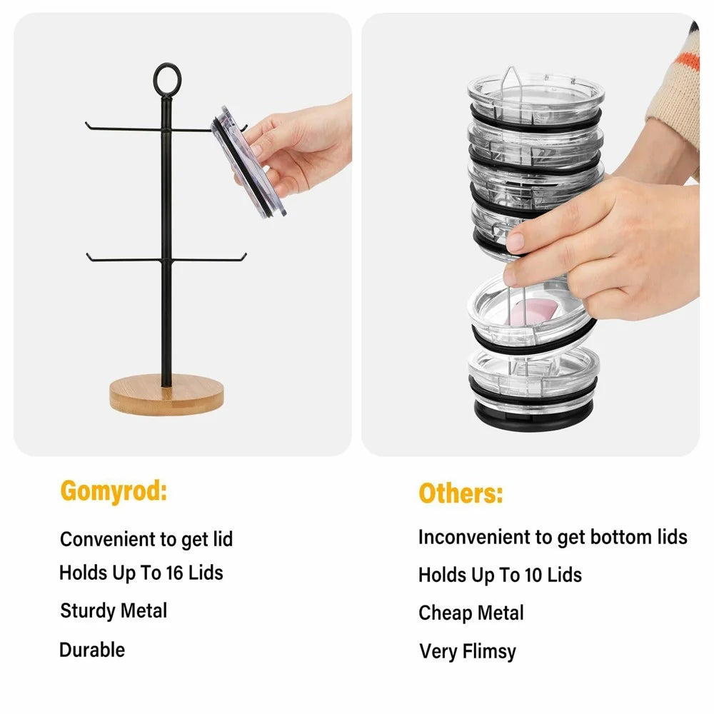 Countertop Cup Lid Organizer Rack Key Holder Stand Iron + Bamboo Water Glass Cover Storage Holder - 4