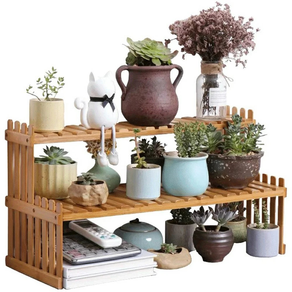 A27 Bamboo Plant Stand 2 Tier Desktop Succulent Holder Shelf for Office / Living Room - 1