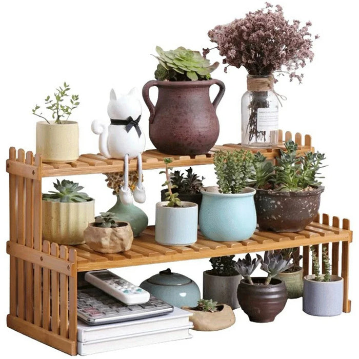 A27 Bamboo Plant Stand 2 Tier Desktop Succulent Holder Shelf for Office / Living Room - 1