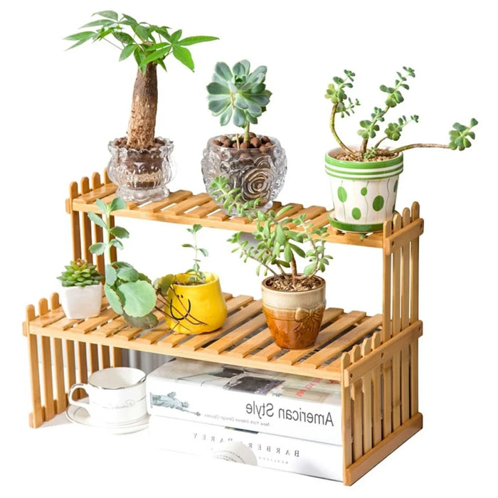 A27 Bamboo Plant Stand 2 Tier Desktop Succulent Holder Shelf for Office / Living Room - 2