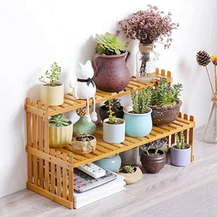 A27 Bamboo Plant Stand 2 Tier Desktop Succulent Holder Shelf for Office / Living Room - 4
