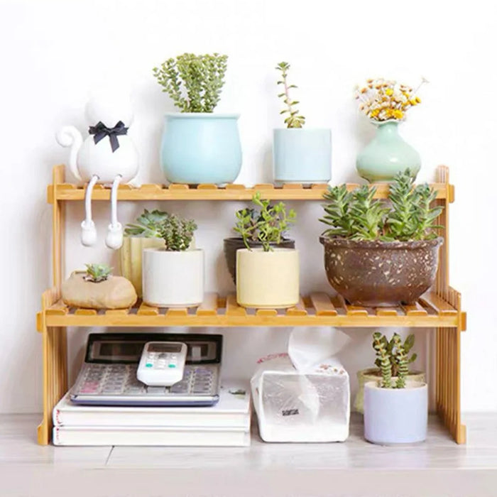 A27 Bamboo Plant Stand 2 Tier Desktop Succulent Holder Shelf for Office / Living Room - 6