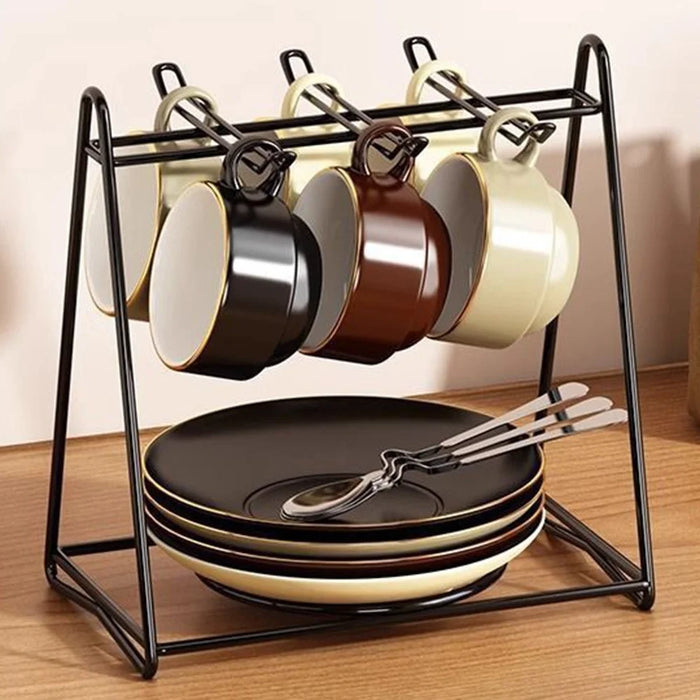 Cup Holder Stand Iron Art Kitchen Storage Rack Coffee Mug Organizer Dish Display Shelf - Black - 1