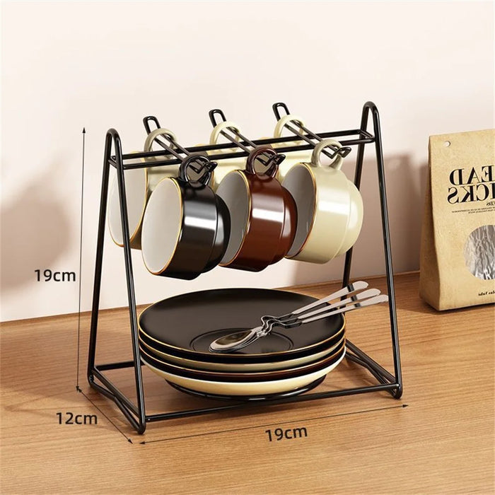 Cup Holder Stand Iron Art Kitchen Storage Rack Coffee Mug Organizer Dish Display Shelf - Black - 7