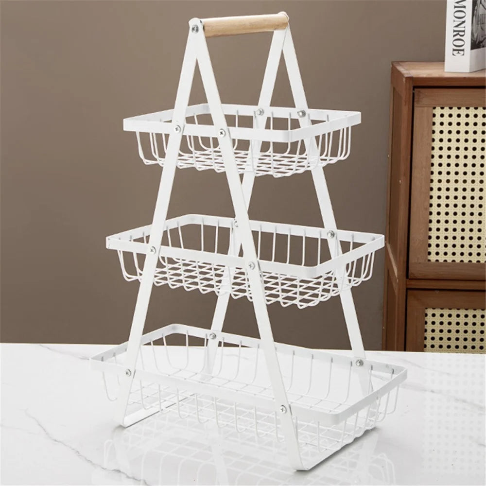 3-Tier Fruit Basket Kitchen Storage Rack Iron Hollow Mesh Living Room Snack Holder - White - 1